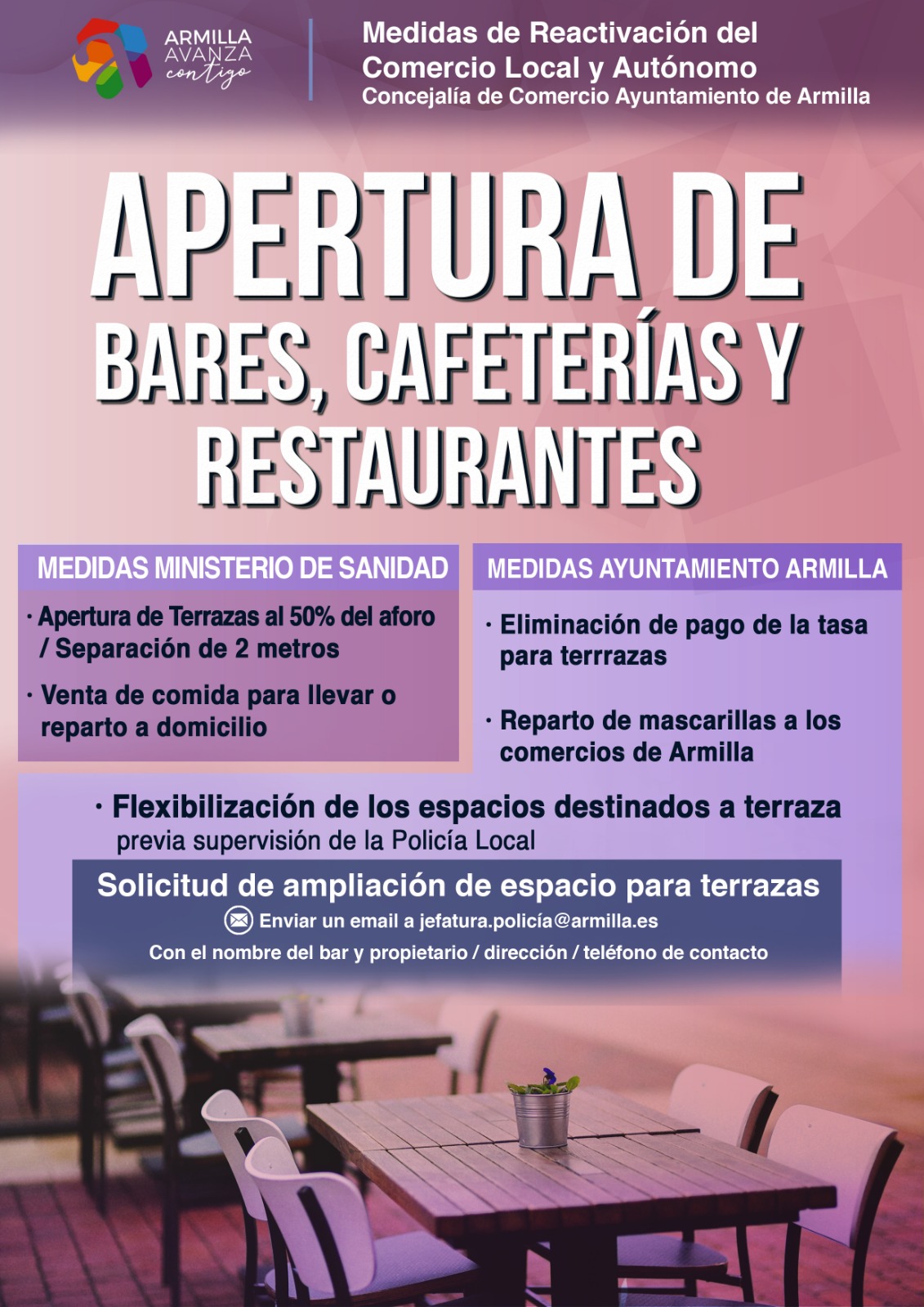Bares, cafeterías y restaurantes de Armilla pueden solicitar la ampliación de las terrazas
